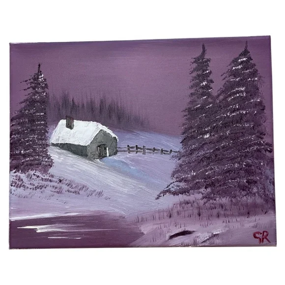 Cabin in the Woods Snowy Scene Purple Sky Oil Painting 8x10 - Picture 1 of 10